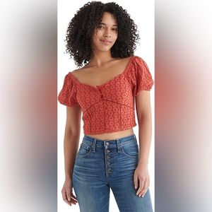 Lucky Brand Women's Short Sleeve Sweetheart Neck Lace Top